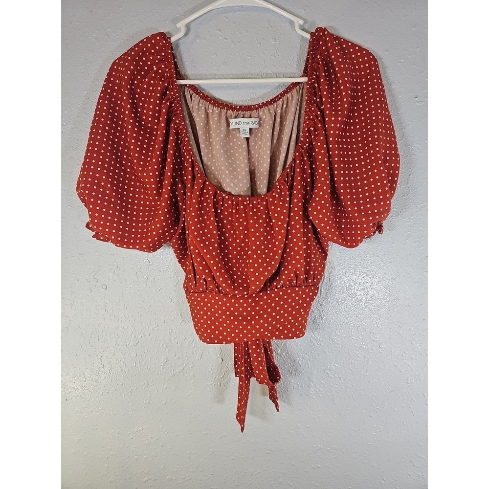 Red Polk A Dot Off Shoulder Crop Blouse‎  Sz XL Puff Ruffle Sleeve Festival